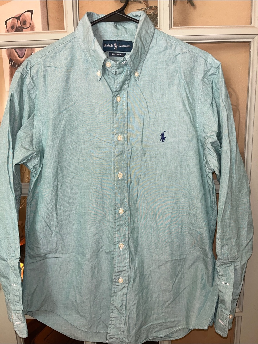 Ralph Lauren Men's Mint Green Button-Down Shirt with Navy Pony